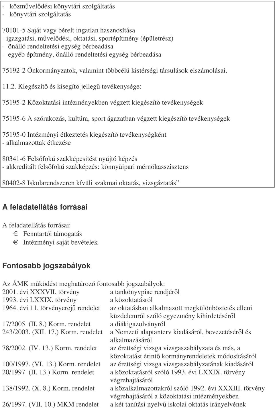 2 Önkormányzatok, valamint többcélú kistérségi társulások elszámolásai. 11.2. Kiegészít és kisegít jelleg tevékenysége: 75195-2 Közoktatási intézményekben végzett kiegészít tevékenységek 75195-6 A