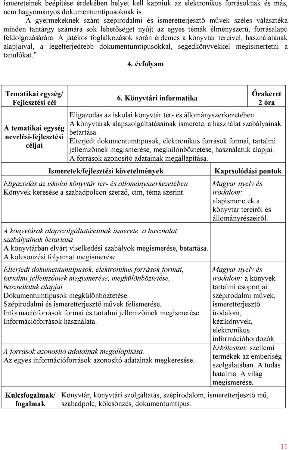 A játékos foglalkozások során érdemes a könyvtár tereivel, használatának alapjaival, a legelterjedtebb dokumentumtípusokkal, segédkönyvekkel megismertetni a tanulókat. 4.