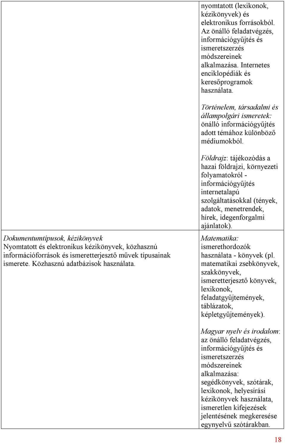 Dokumentumtípusok, kézikönyvek Nyomtatott és elektronikus kézikönyvek, közhasznú információforrások és ismeretterjesztő művek típusainak ismerete. Közhasznú adatbázisok használata.