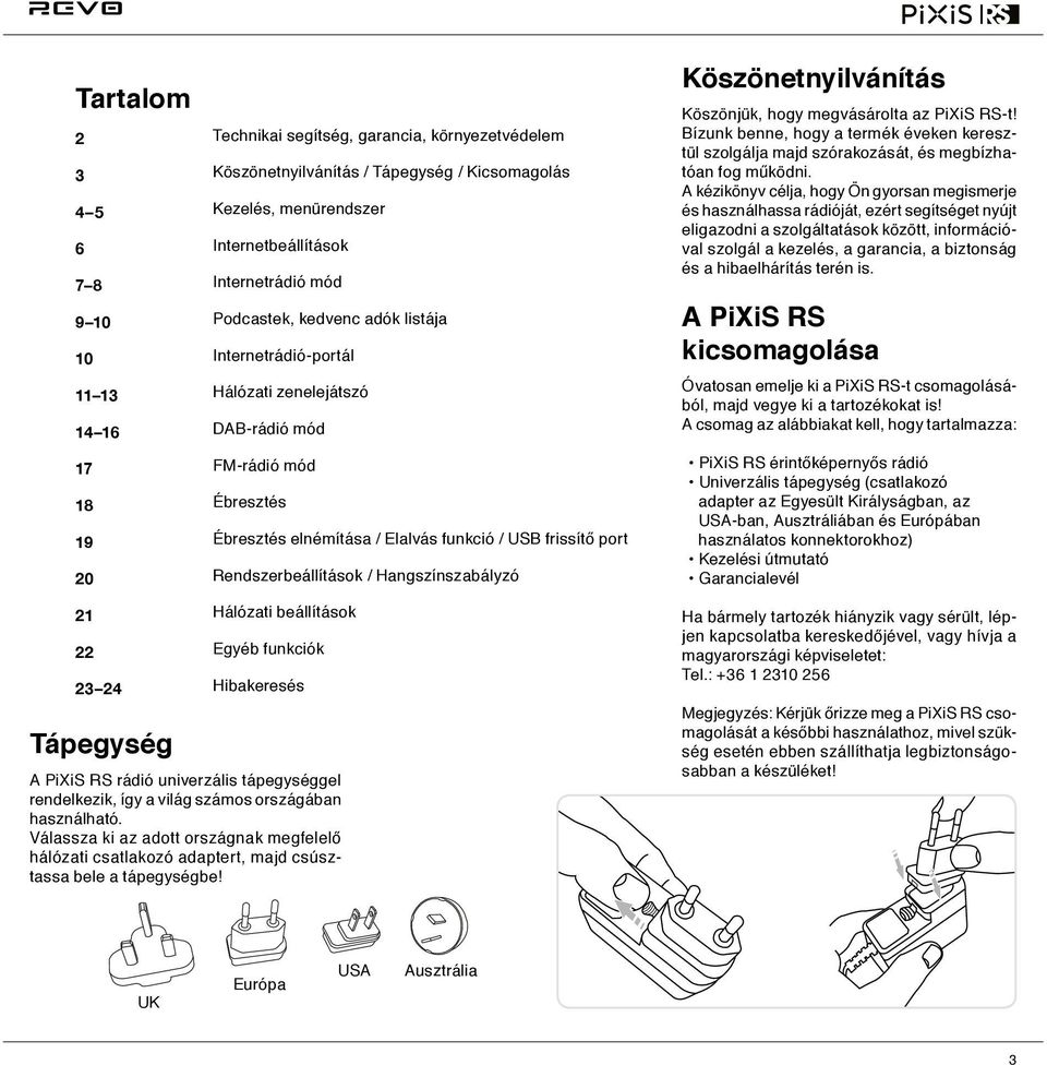 Rendszerbeállítások / Hangszínszabályzó Köszönetnyilvánítás Köszönjük, hogy megvásárolta az PiXiS RS-t!