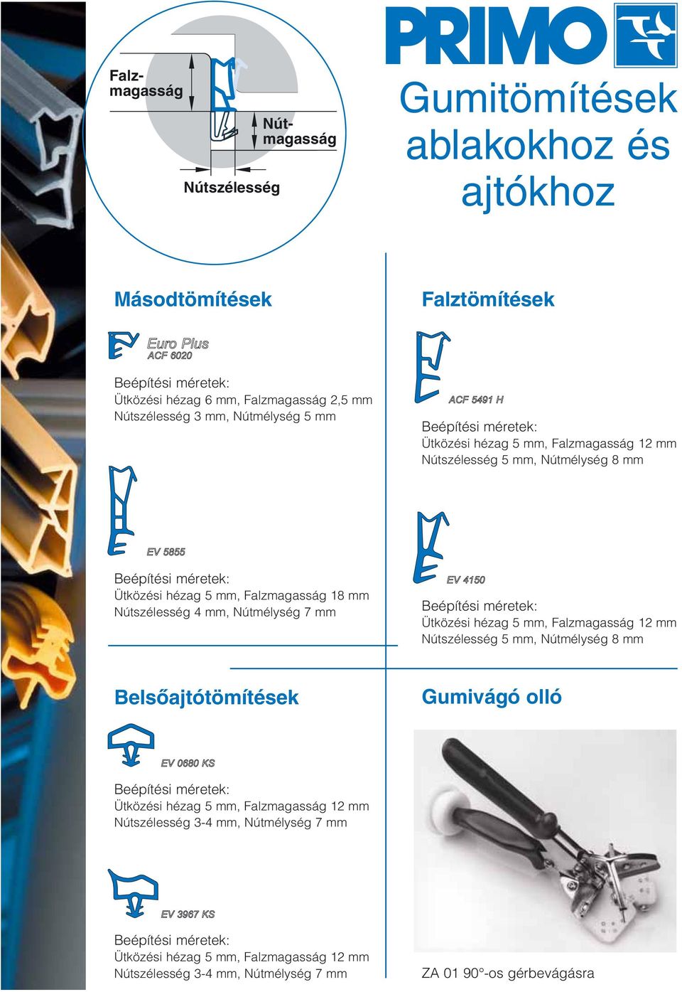 4 mm, Nútmélység 7 mm Beépítési méretek: Ütközési hézag 5 mm, Falzmagasság 12 mm Nútszélesség 5 mm, Nútmélység 8 mm Belsôajtótömítések Gumivágó olló Beépítési méretek: Ütközési hézag