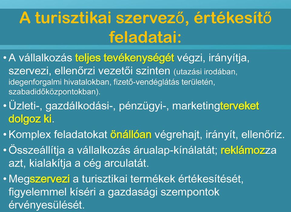 Üzleti-, gazdálkodási-, pénzügyi-, marketingterveket dolgoz ki. Komplex feladatokat önállóan végrehajt, irányít, ellenőriz.