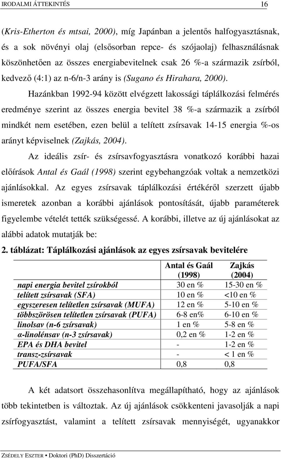 Hazánkban 1992-94 között elvégzett lakossági táplálkozási felmérés eredménye szerint az összes energia bevitel 38 %-a származik a zsírból mindkét nem esetében, ezen belül a telített zsírsavak 14-15