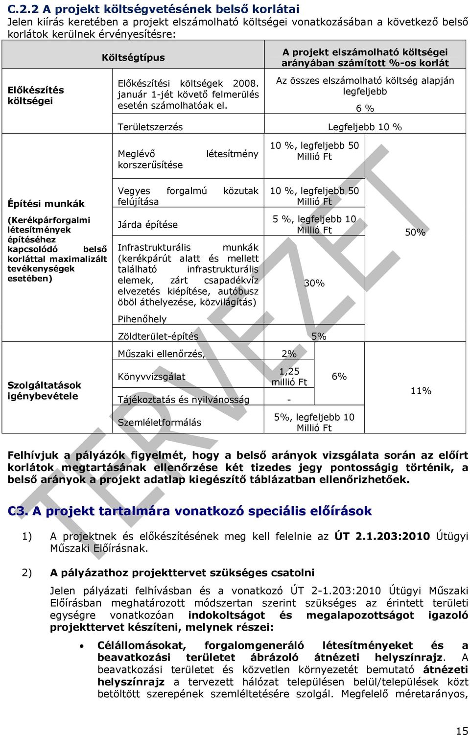 A projekt elszámolható költségei arányában számított %-os korlát Az összes elszámolható költség alapján legfeljebb 6 % Területszerzés Legfeljebb 10 % Meglévı korszerősítése létesítmény 10 %,