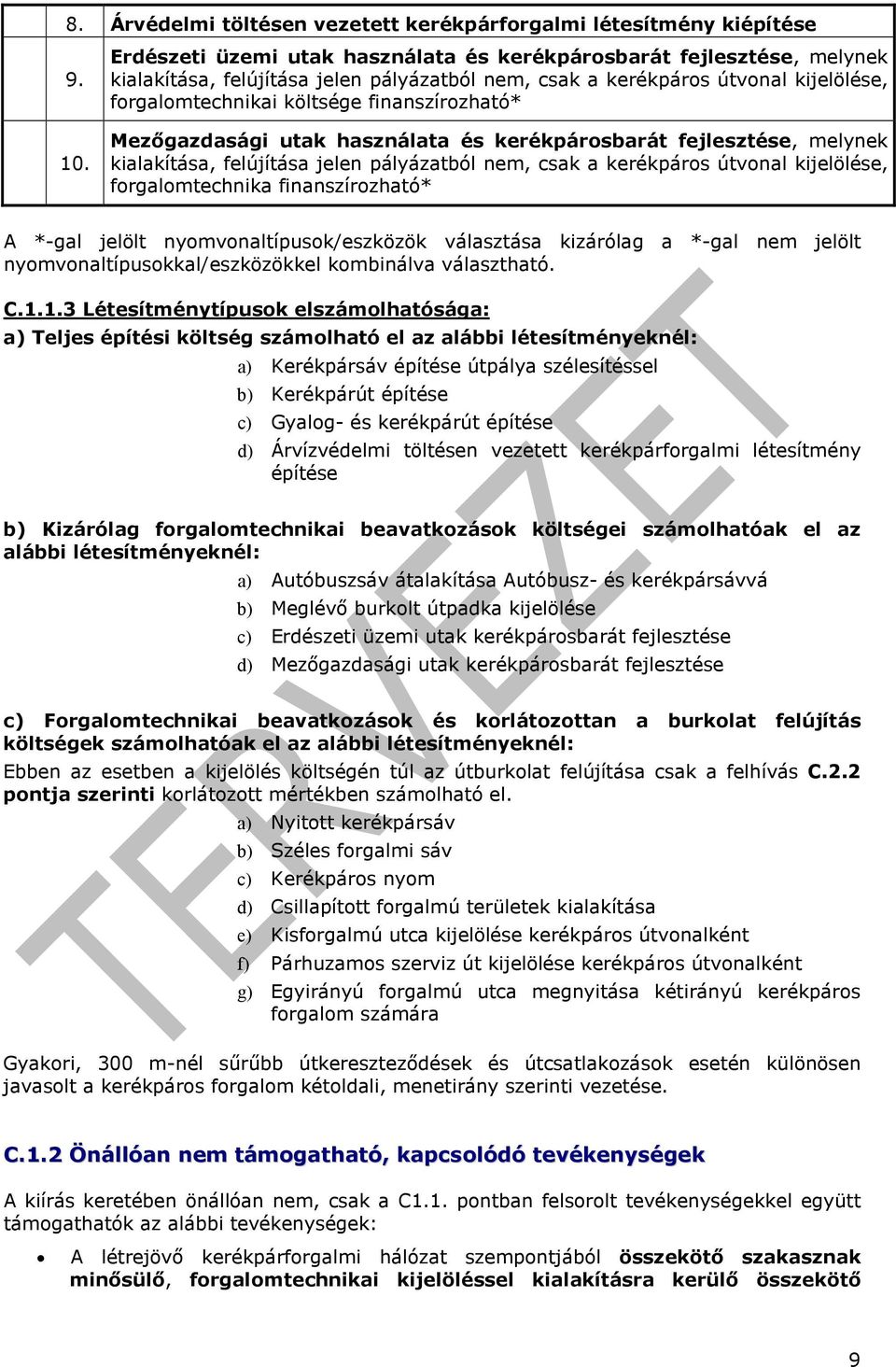 finanszírozható* Mezıgazdasági utak használata és kerékpárosbarát fejlesztése, melynek kialakítása, felújítása jelen pályázatból nem, csak a kerékpáros útvonal kijelölése, forgalomtechnika