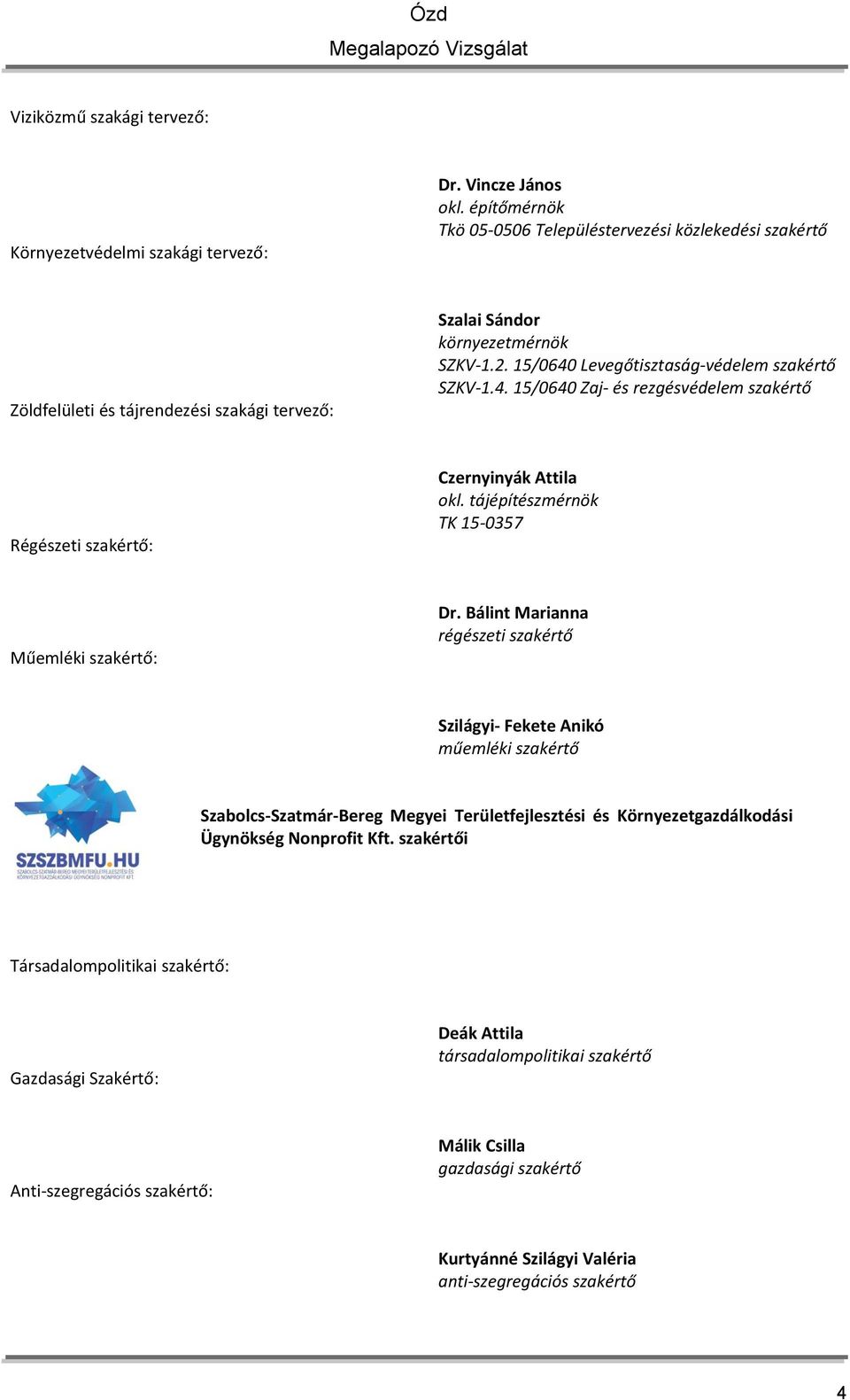 Levegőtisztaság-védelem szakértő SZKV-1.4. 15/0640 Zaj- és rezgésvédelem szakértő Régészeti szakértő: Czernyinyák Attila okl. tájépítészmérnök TK 15-0357 Műemléki szakértő: Dr.
