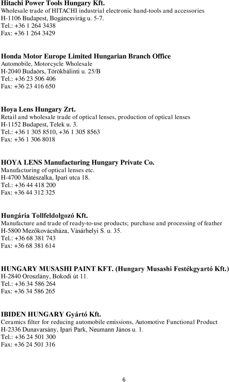 : +36 23 506 406 Fax: +36 23 416 650 Hoya Lens Hungary Zrt. Retail and wholesale trade of optical lenses, production of optical lenses H-1152 Budapest, Tele