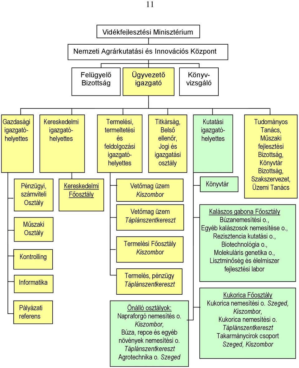 igazgatási osztály Vetőmag üzem Kiszombor Vetőmag üzem Táplánszentkereszt Termelési Főosztály Kiszombor Termelés, pénzügy Táplánszentkereszt Önálló osztályok: Napraforgó nemesítés o.