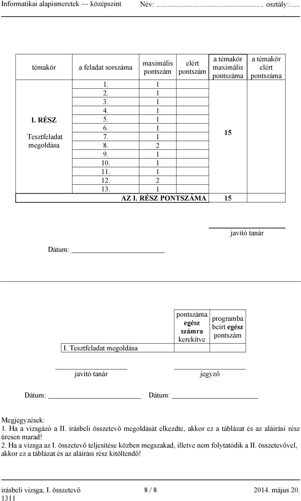 Tesztfeladat megoldása pontszáma egész számra kerekítve programba beírt egész pontszám javító tanár jegyző Dátum: Dátum: Megjegyzések: 1. Ha a vizsgázó a II.