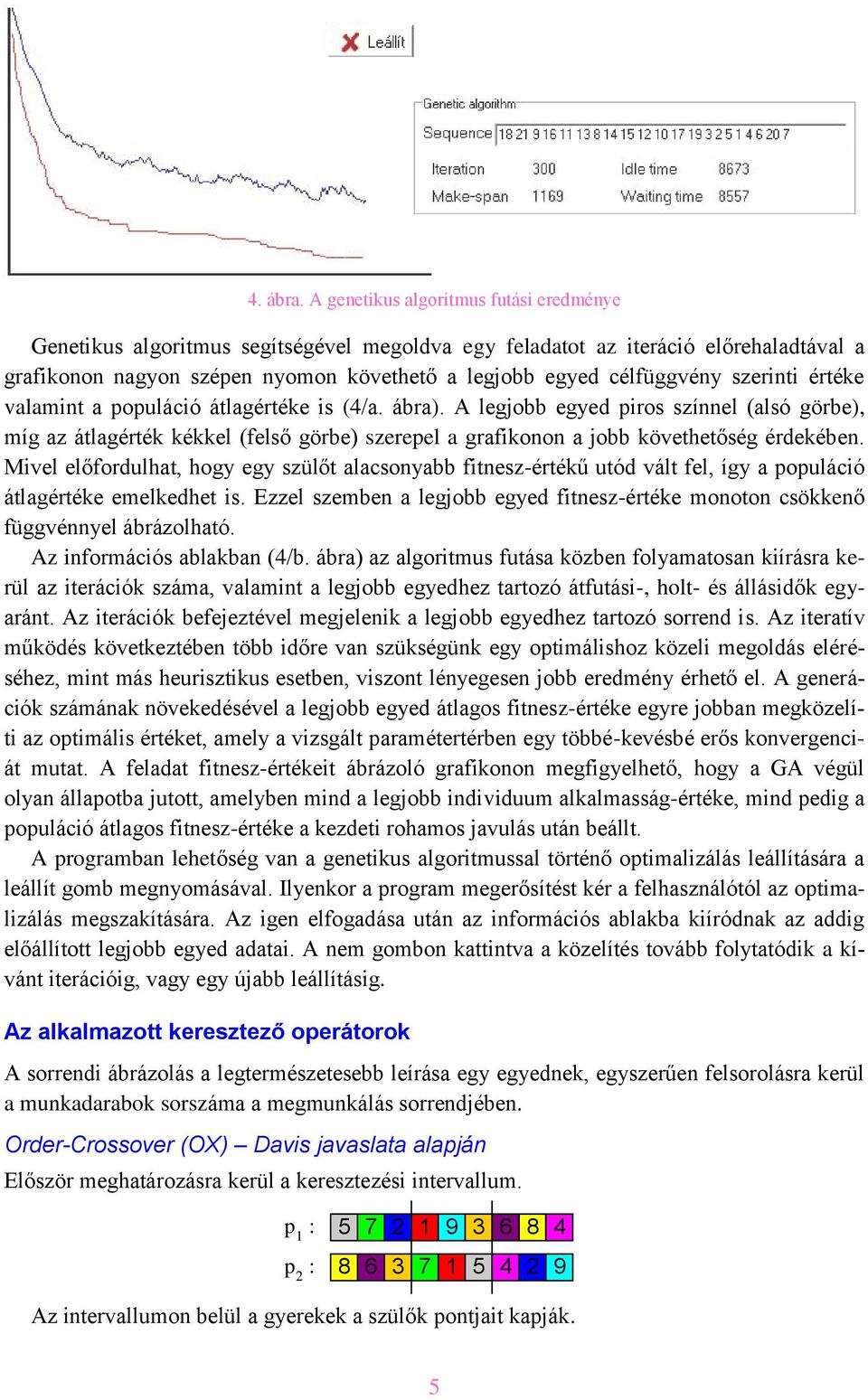 szerinti értéke valamint a populáció átlagértéke is (4/a. ábra). A legjobb egyed piros színnel (alsó görbe), míg az átlagérték kékkel (felső görbe) szerepel a grafikonon a jobb követhetőség érdekében.