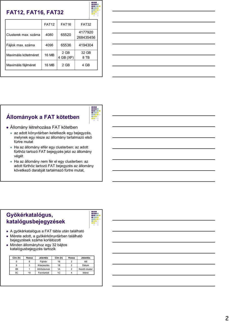 keletkezik egy bejegyzés, melynek egy része az állomány tartalmazó elsı fürtre mutat Ha az állomány elfér egy clusterben: az adott fürthöz tartozó FAT bejegyzés jelzi az állomány végét Ha az állomány