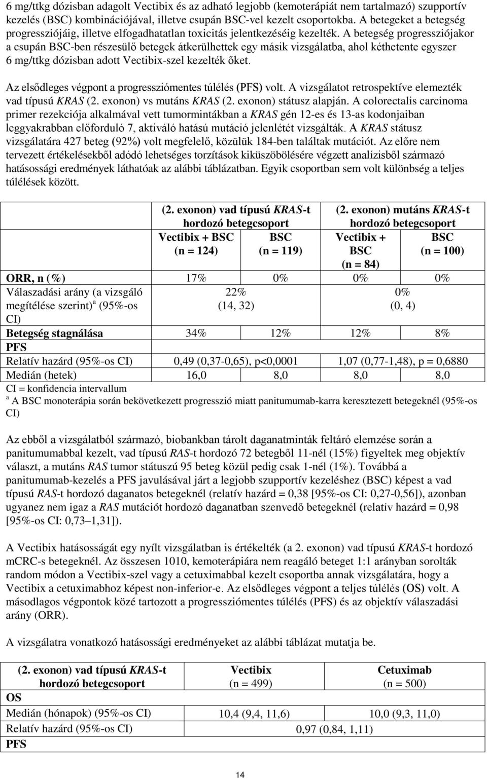 A betegség progressziójakor a csupán BSC-ben részesülő betegek átkerülhettek egy másik vizsgálatba, ahol kéthetente egyszer 6 mg/ttkg dózisban adott Vectibix-szel kezelték őket.