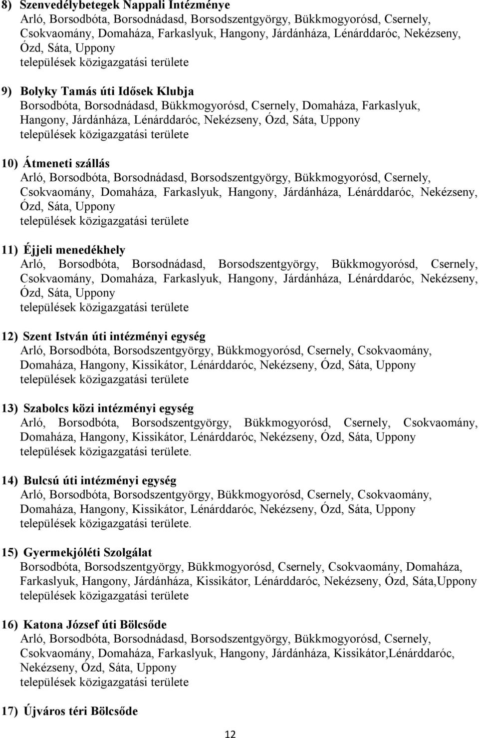 Nekézseny, Ózd, Sáta, Uppony települések közigazgatási területe 10) Átmeneti szállás Arló, Borsodbóta, Borsodnádasd, Borsodszentgyörgy, Bükkmogyorósd, Csernely, Csokvaomány, Domaháza, Farkaslyuk,