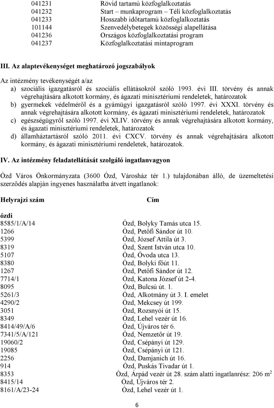 Az alaptevékenységet meghatározó jogszabályok Az intézmény tevékenységét a/az a) szociális igazgatásról és szociális ellátásokról szóló 1993. évi III.