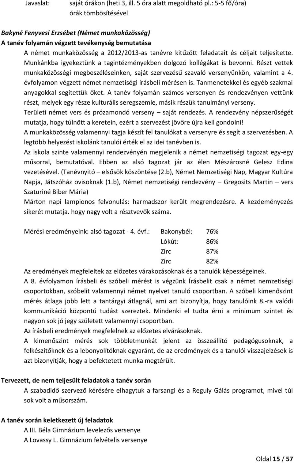 céljait teljesítette. Munkánkba igyekeztünk a tagintézményekben dolgozó kollégákat is bevonni. Részt vettek munkaközösségi megbeszéléseinken, saját szervezésű szavaló versenyünkön, valamint a 4.