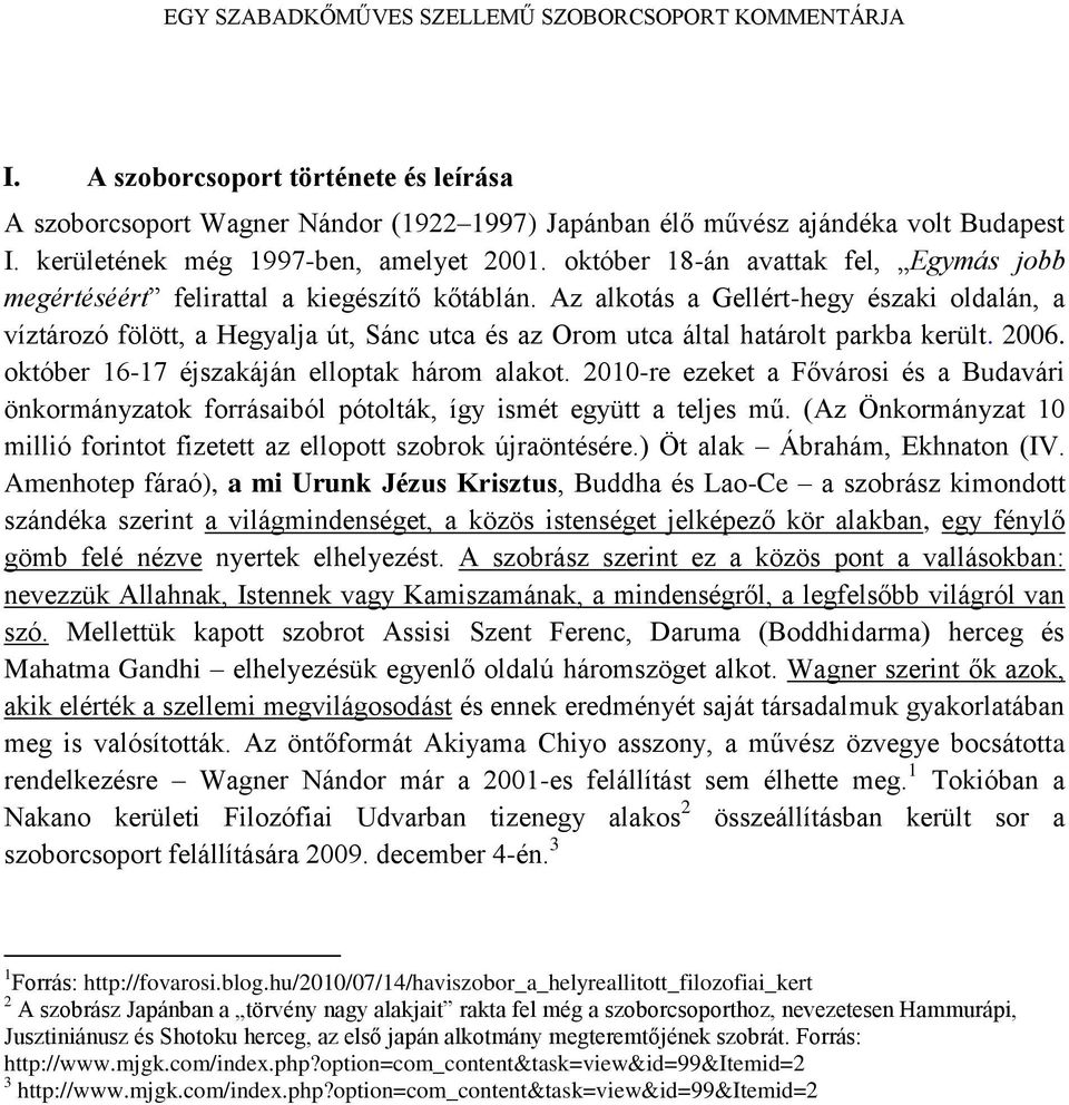 Az alkotás a Gellért-hegy északi oldalán, a víztározó fölött, a Hegyalja út, Sánc utca és az Orom utca által határolt parkba került. 2006. október 16-17 éjszakáján elloptak három alakot.