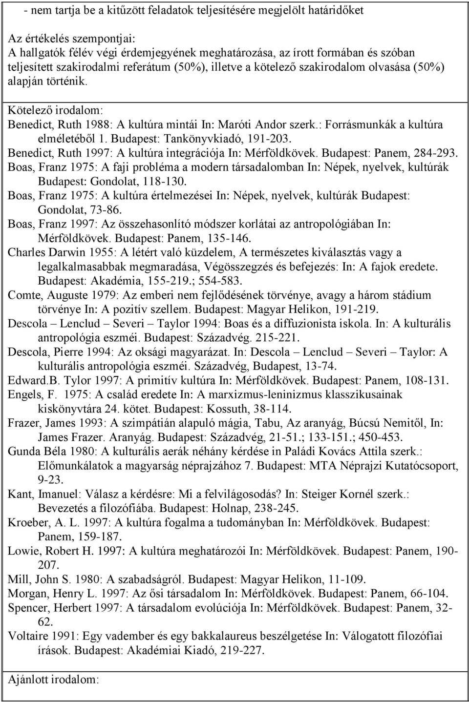 Budapest: Tankönyvkiadó, 191-203. Benedict, Ruth 1997: A kultúra integrációja In: Mérföldkövek. Budapest: Panem, 284-293.