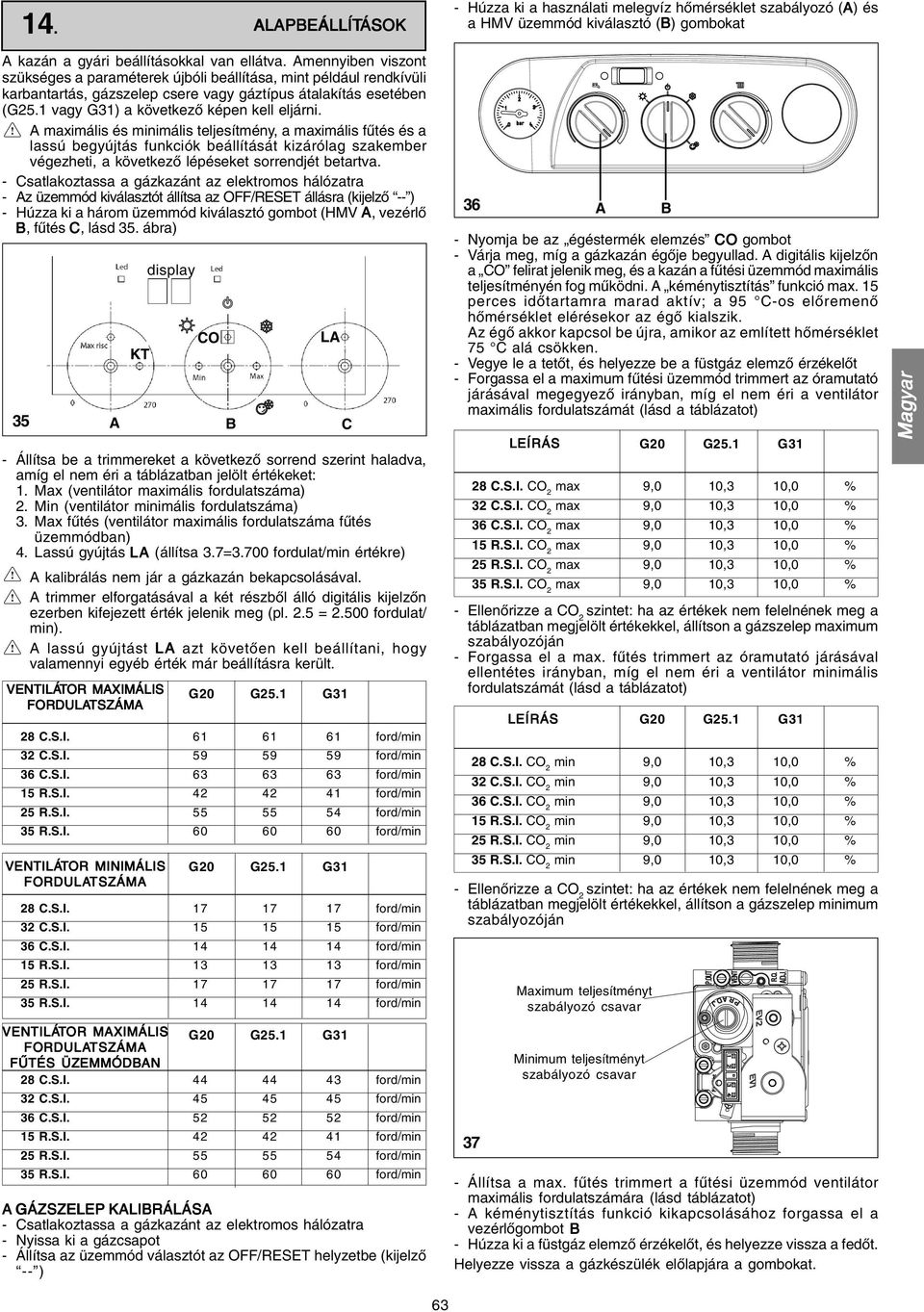 A maximális és minimális teljesítmény, a maximális fűtés és a lassú begyújtás funkciók beállítását kizárólag szakember végezheti, a következő lépéseket sorrendjét betartva.