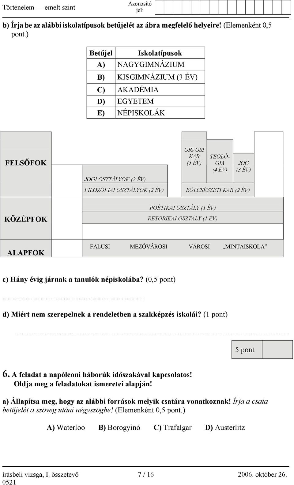 (3 ÉV) BÖLCSÉSZETI KAR (2 ÉV) KÖZÉPFOK POÉTIKAI OSZTÁLY (1 ÉV) RETORIKAI OSZTÁLY (1 ÉV) ALAPFOK FALUSI MEZŐVÁROSI VÁROSI MINTAISKOLA c) Hány évig járnak a tanulók népiskolába? (0,5 pont).