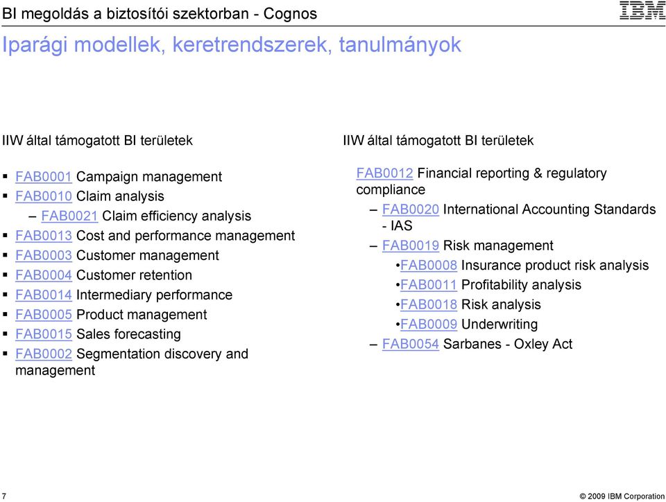 FAB0002 Segmentation discovery and management IIW által támogatott BI területek FAB0012 Financial reporting & regulatory compliance FAB0020 International Accounting