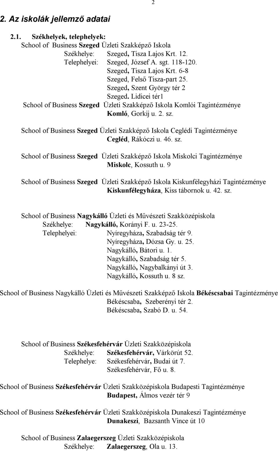 School of Business Szeged Üzleti Szakképző Iskola Ceglédi Tagintézménye Cegléd, Rákóczi u. 46. sz. School of Business Szeged Üzleti Szakképző Iskola Miskolci Tagintézménye Miskolc, Kossuth u.