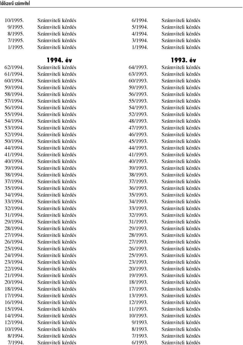 Számviteli kérdés 53/1994. Számviteli kérdés 52/1994. Számviteli kérdés 50/1994. Számviteli kérdés 44/1994. Számviteli kérdés 41/1994. Számviteli kérdés 40/1994. Számviteli kérdés 39/1994.