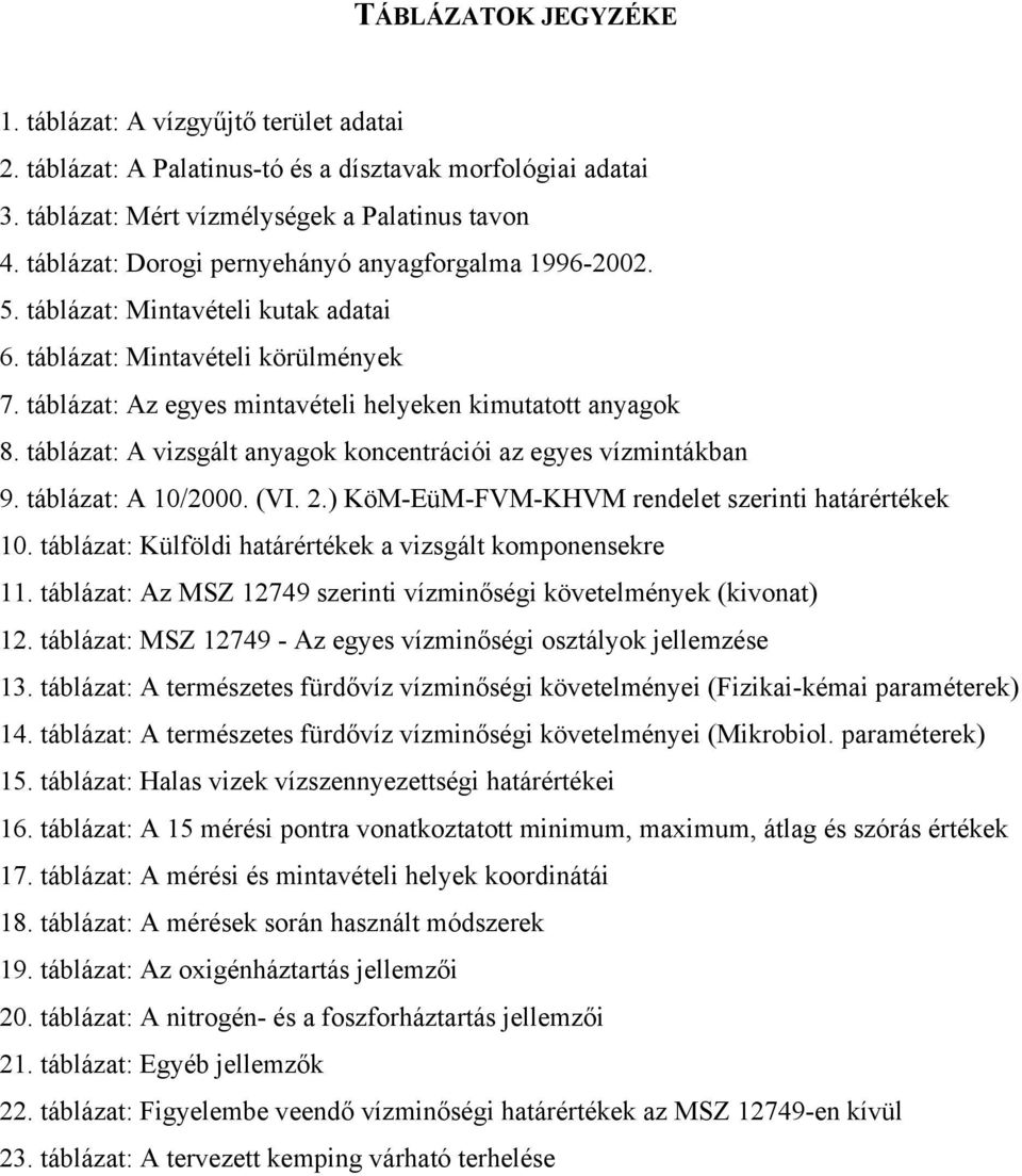 táblázat: A vizsgált anyagok koncentrációi az egyes vízmintákban 9. táblázat: A 10/2000. (VI. 2.) KöM-EüM-FVM-KHVM rendelet szerinti határértékek 10.