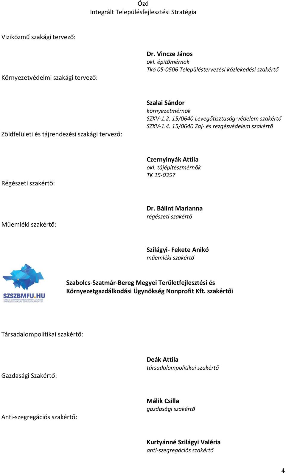 Levegőtisztaság-védelem szakértő SZKV-1.4. 15/0640 Zaj- és rezgésvédelem szakértő Régészeti szakértő: Czernyinyák Attila okl. tájépítészmérnök TK 15-0357 Műemléki szakértő: Dr.