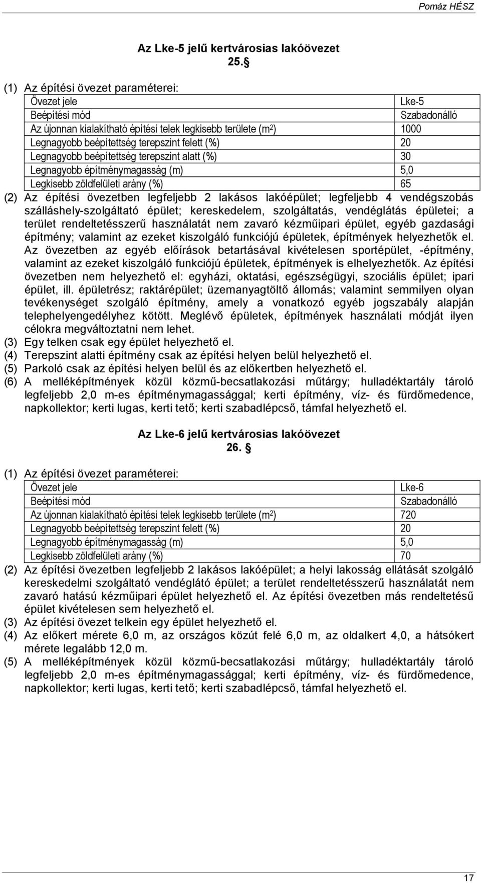 (m) 5,0 Legkisebb zöldfelületi arány (%) 65 (2) Az építési övezetben legfeljebb 2 lakásos lakóépület; legfeljebb 4 vendégszobás szálláshely-szolgáltató épület; kereskedelem, szolgáltatás, vendéglátás