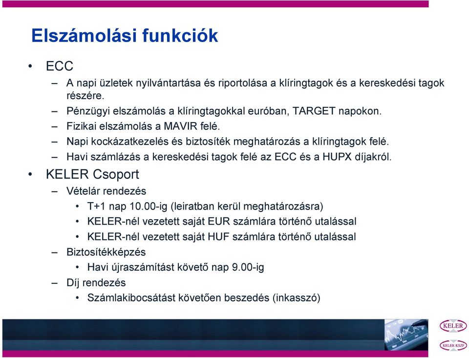 Havi számlázás a kereskedési tagok felé az ECC és a HUPX díjakról. KELER Csoport Vételár rendezés T+1 nap 10.