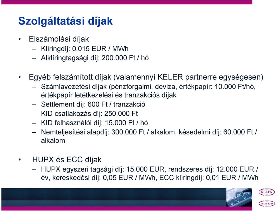 000 Ft/hó, értékpapír letétkezelési és tranzakciós díjak Settlement díj: 600 Ft / tranzakció KID csatlakozás díj: 250.000 Ft KID felhasználói díj: 15.