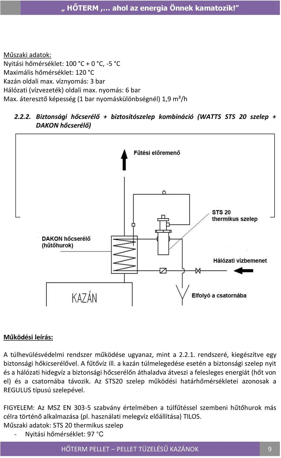 2.2. Biztonsági hőcserélő + biztosítószelep kombináció (WATTS STS 20 szelep + DAKON hőcserélő) Működési leírás: A túlhevülésvédelmi rendszer működése ugyanaz, mint a 2.2.1.