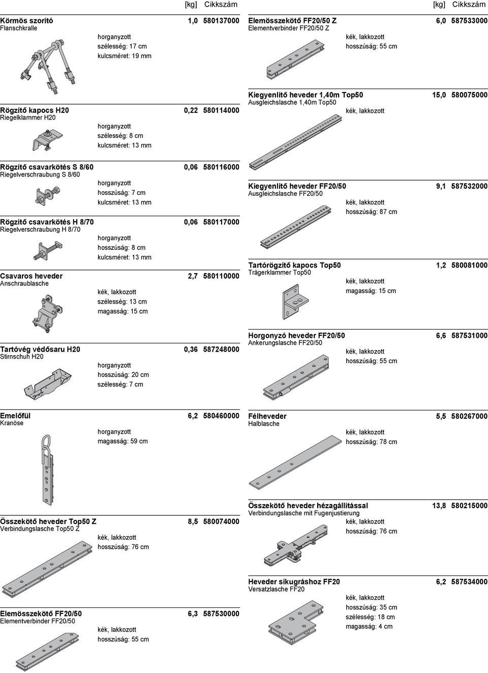 hosszúság: 7 cm kulcsméret: 13 mm Rögzítő csavarkötés H 8/70 0,06 580117000 Riegelverschraubung H 8/70 hosszúság: 8 cm kulcsméret: 13 mm Csavaros heveder 2,7 580110000 Anschraublasche szélesség: 13