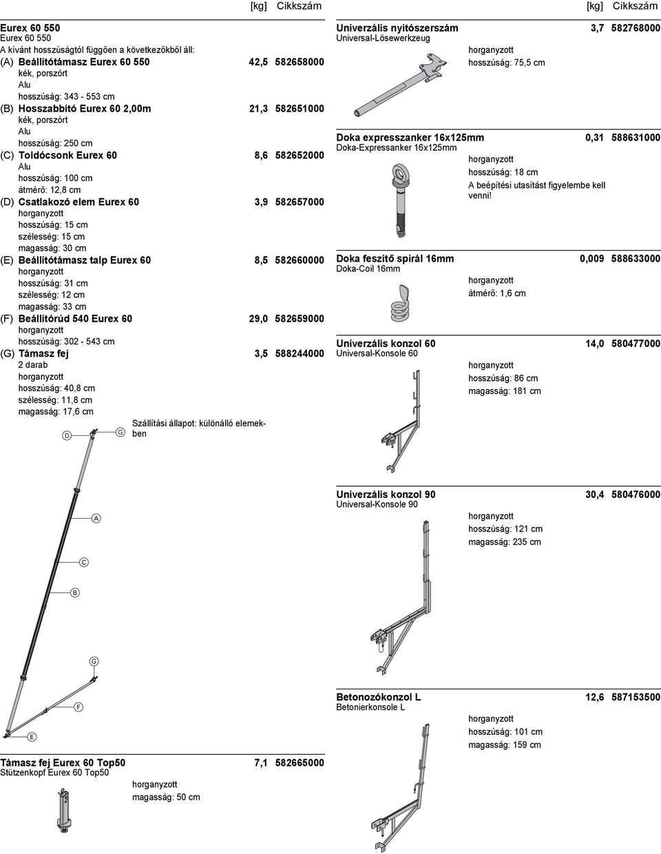magasság: 30 cm (E) Beállítótámasz talp Eurex 60 8,5 582660000 hosszúság: 31 cm szélesség: 12 cm magasság: 33 cm (F) Beállítórúd 540 Eurex 60 29,0 582659000 hosszúság: 302-543 cm (G) Támasz fej 3,5