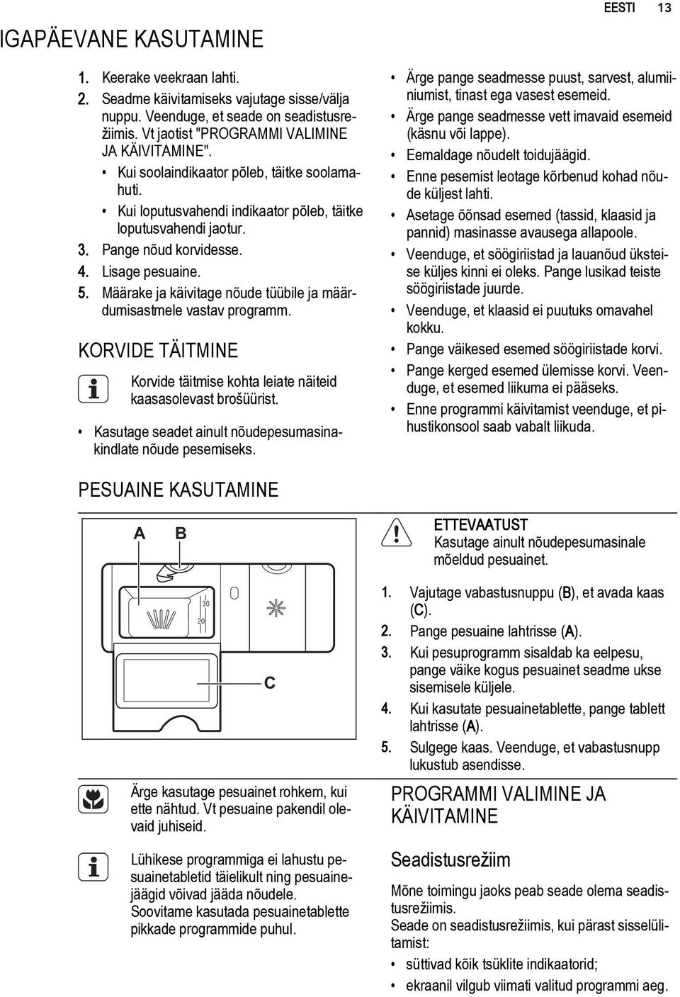 Määrake ja käivitage nõude tüübile ja määrdumisastmele vastav programm. KORVIDE TÄITMINE Korvide täitmise kohta leiate näiteid kaasasolevast brošüürist.