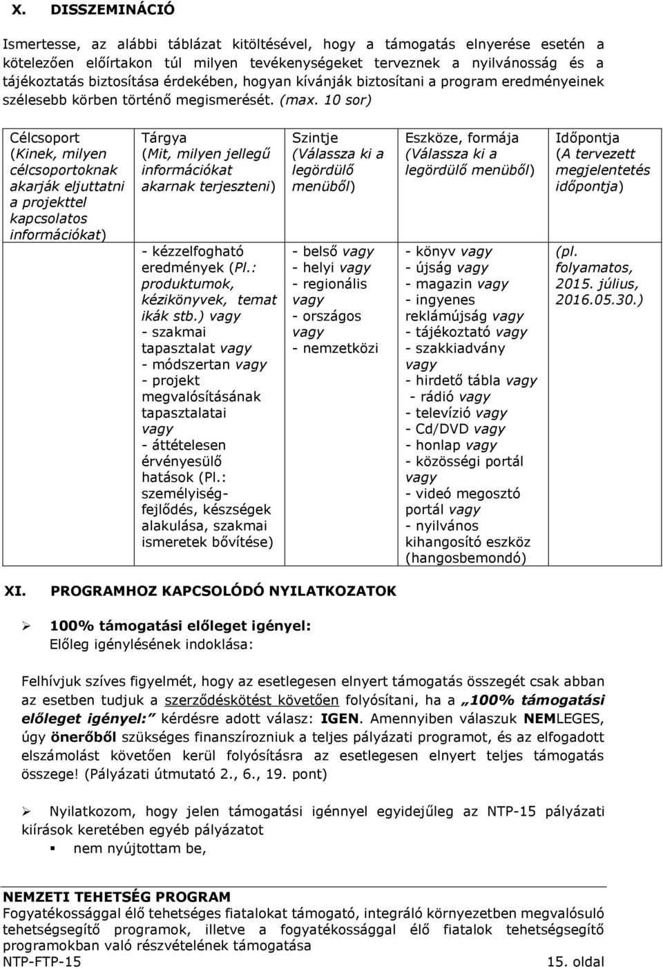 10 sor) Célcsoport (Kinek, milyen célcsoportoknak akarják eljuttatni a projekttel kapcsolatos információkat) Tárgya (Mit, milyen jellegű információkat akarnak terjeszteni) - kézzelfogható eredmények