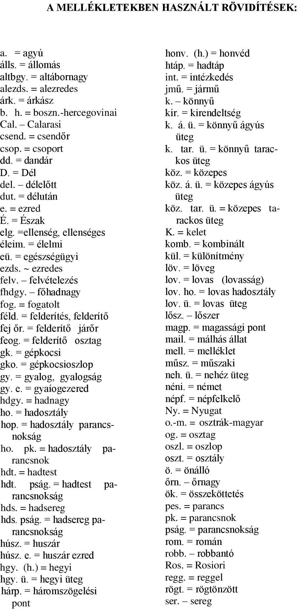 = fogatolt féld. = felderítés, felderítő fej őr. = felderítő járőr feog. = felderítő osztag gk. = gépkocsi gko. = gépkocsioszlop gy. = gyalog, gyalogság gy. e. = gyaíogezered hdgy. = hadnagy ho.