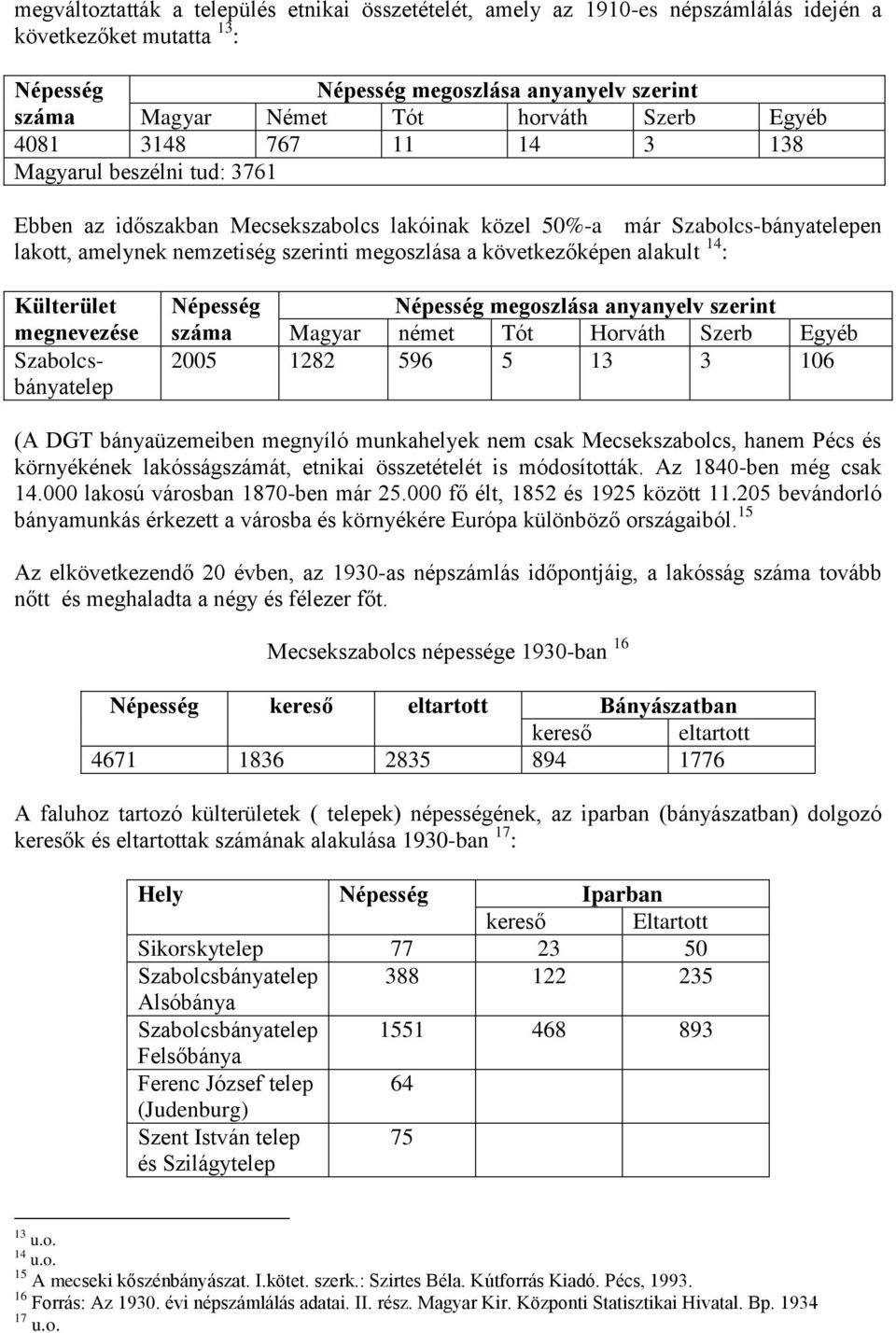 következőképen alakult 14 : Külterület megnevezése Szabolcsbányatelep Népesség Népesség megoszlása anyanyelv szerint száma Magyar német Tót Horváth Szerb Egyéb 2005 1282 596 5 13 3 106 (A DGT