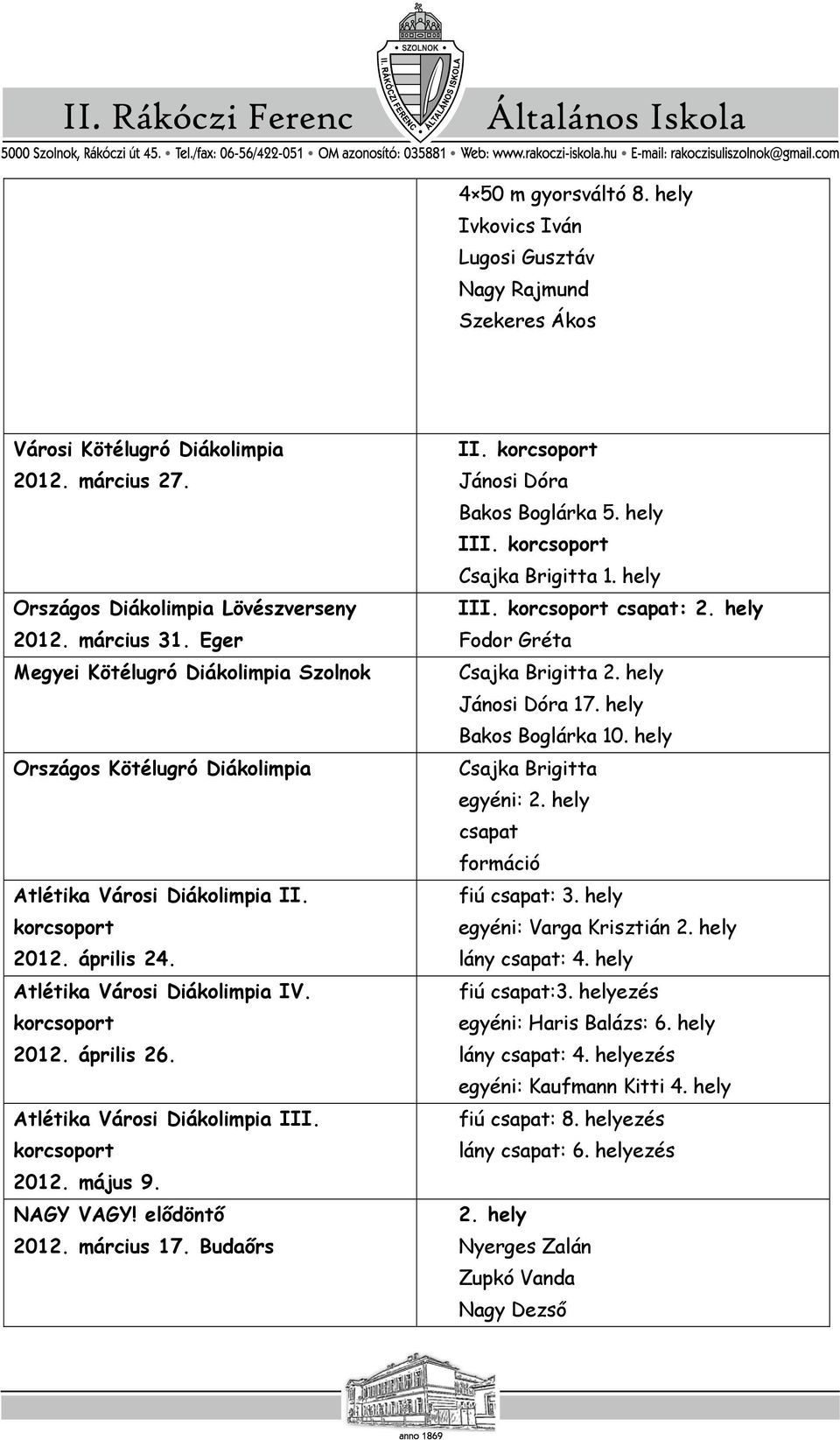 Atlétika Városi Diákolimpia III. 2012. május 9. NAGY VAGY! elődöntő 2012. március 17. Budaőrs II. Jánosi Dóra Bakos Boglárka 5. hely III. Csajka Brigitta III. csapat: 2.