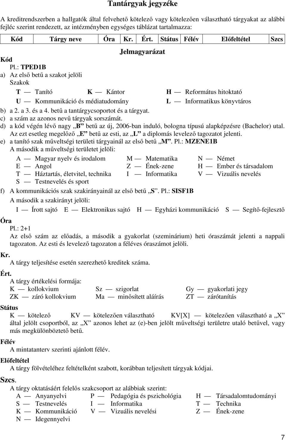 betű a tantárgycsoportot és a tárgyat. c) a szám az azonos nevű tárgyak sorszámát. d) a kód végén lévő nagy B betű az új, 2006-ban induló, bologna típusú alapképzésre (Bachelor) utal.