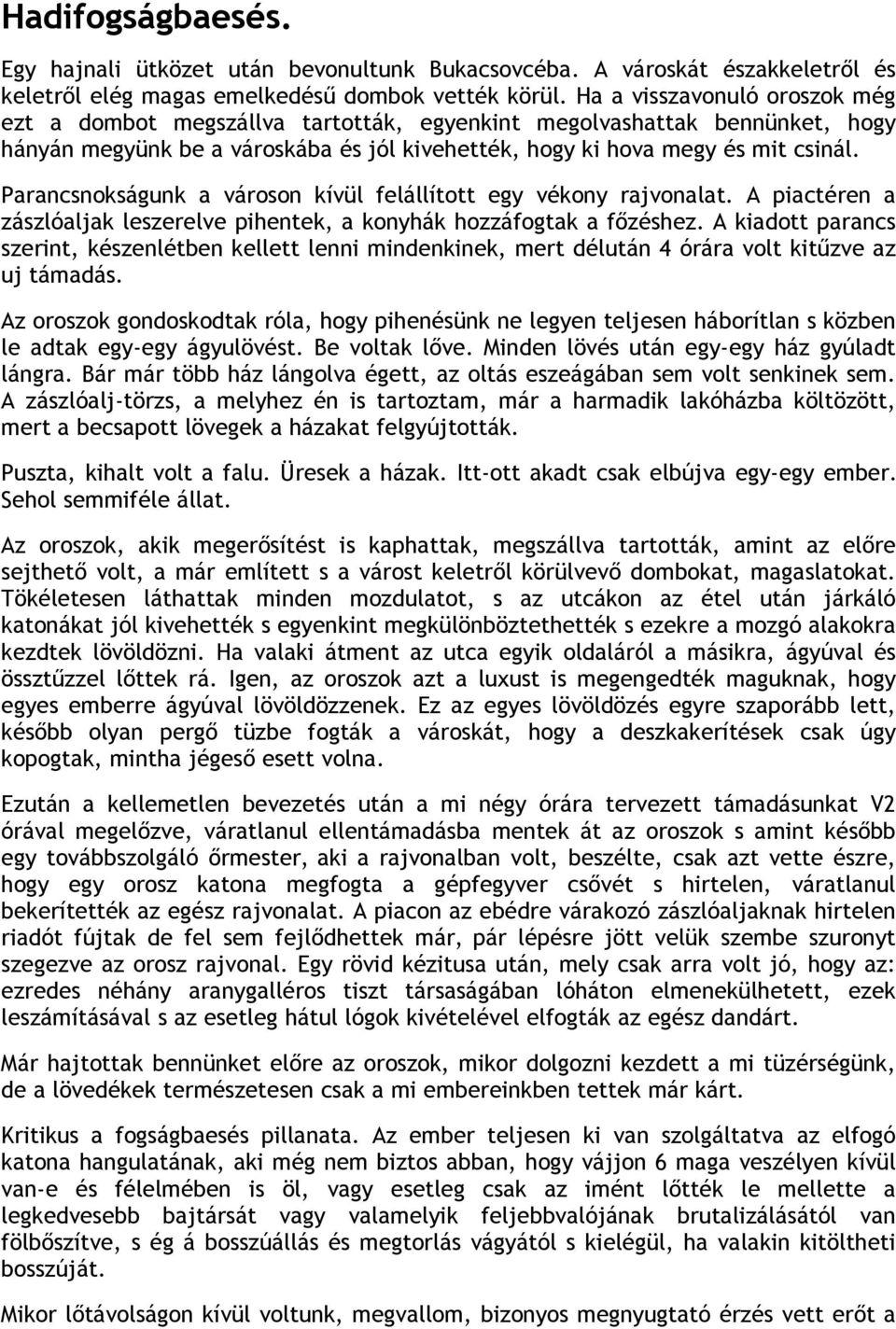 Parancsnokságunk a városon kívül felállított egy vékony rajvonalat. A piactéren a zászlóaljak leszerelve pihentek, a konyhák hozzáfogtak a főzéshez.