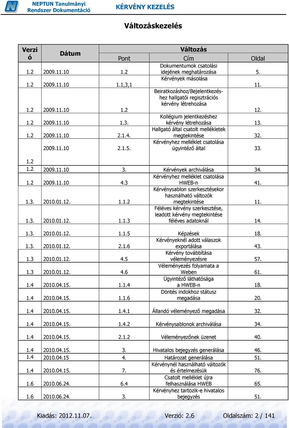 Kollégium jelentkezéshez kérvény létrehozása 13. Hallgató által csatolt mellékletek megtekintése 32. Kérvényhez melléklet csatolása ügyintéző által 33. 1.2 2009.11.10 3. Kérvények archiválása 34. 1.2 2009.11.10 4.