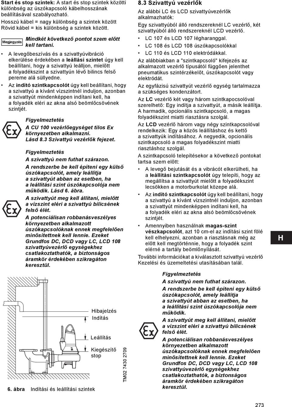 A levegőbeszívás és a szivattyúvibráció elkerülése érdekében a leállási szintet úgy kell beállítani, hogy a szivattyú leálljon, mielőtt a folyadékszint a szivattyún lévő bilincs felső pereme alá