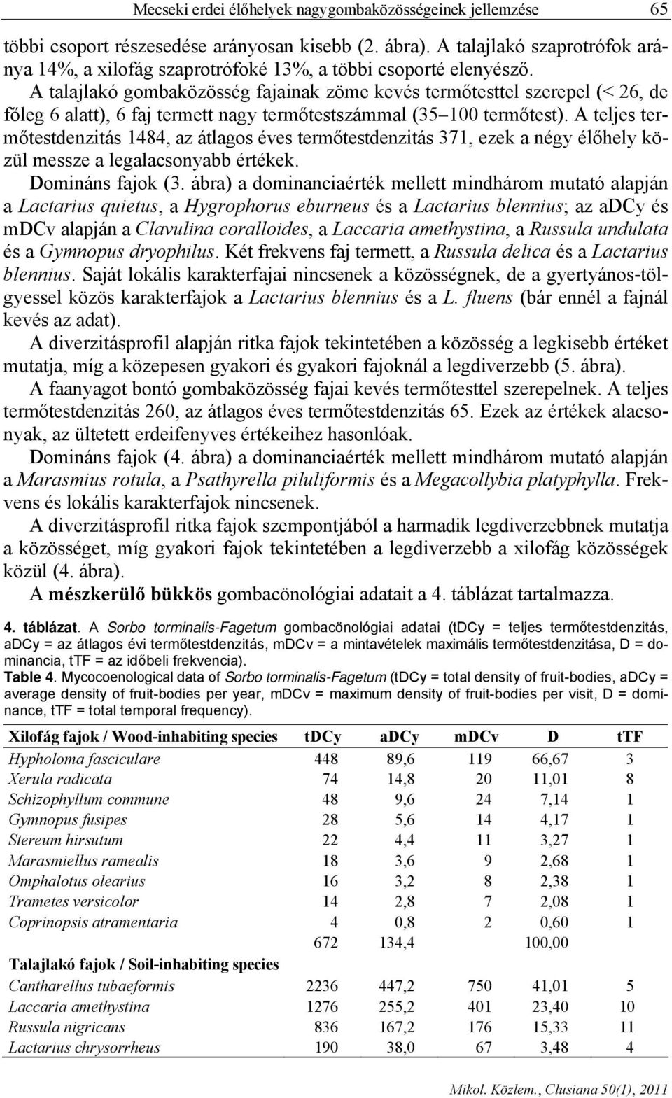 A talajlakó gombaközösség fajainak zöme kevés termőtesttel szerepel (< 26, de főleg 6 alatt), 6 faj termett nagy termőtestszámmal (35 100 termőtest).