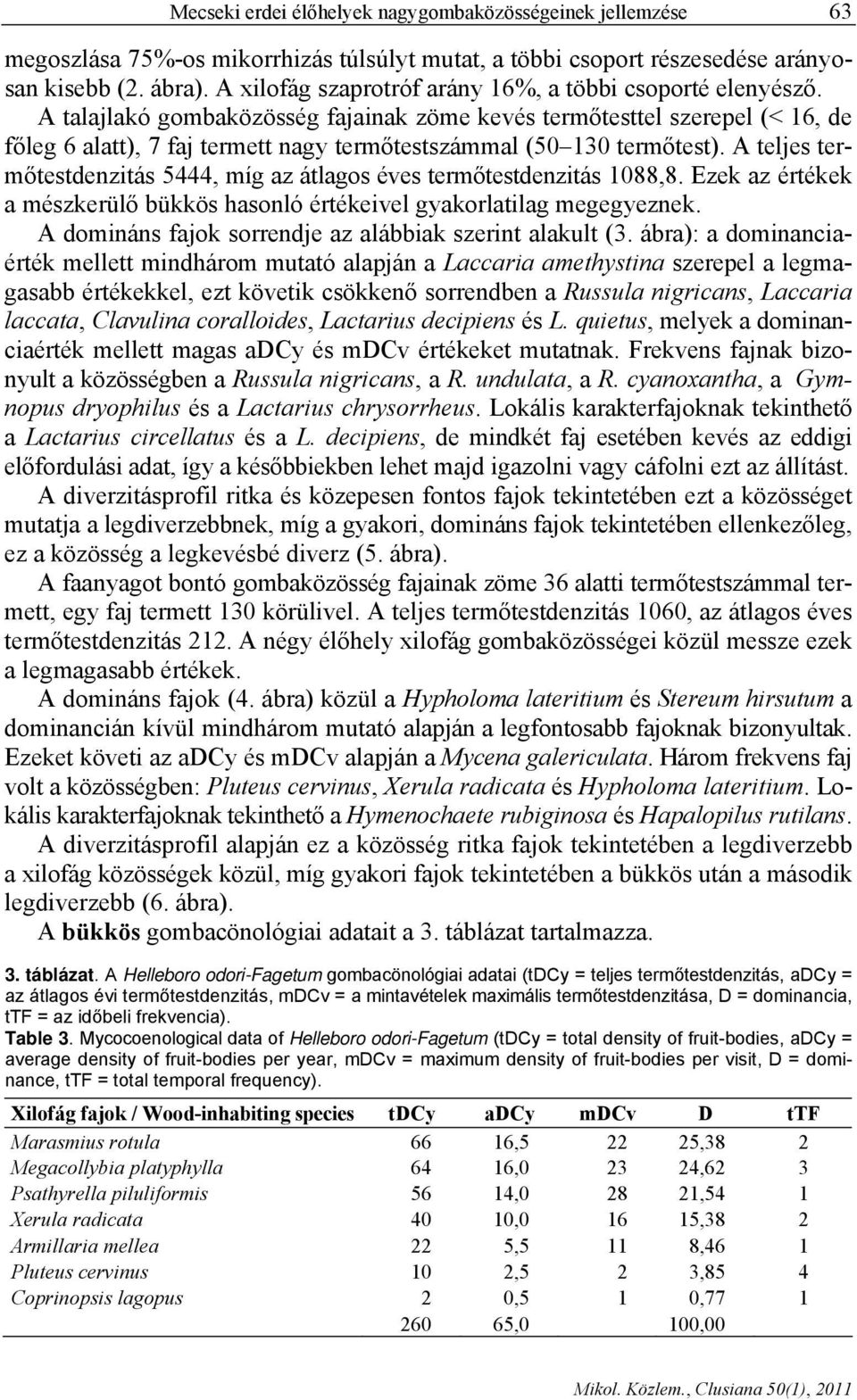 A talajlakó gombaközösség fajainak zöme kevés termőtesttel szerepel (< 16, de főleg 6 alatt), 7 faj termett nagy termőtestszámmal (50 130 termőtest).