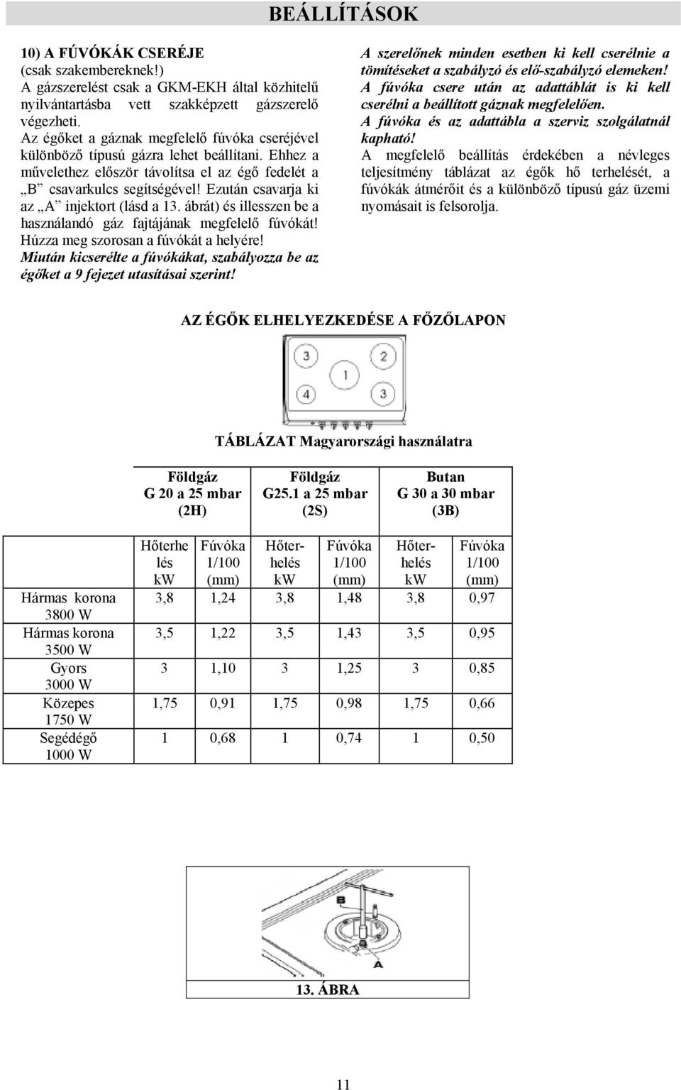 Ezután csavarja ki az A injektort (lásd a 13. ábrát) és illesszen be a használandó gáz fajtájának megfelelő fúvókát! Húzza meg szorosan a fúvókát a helyére!