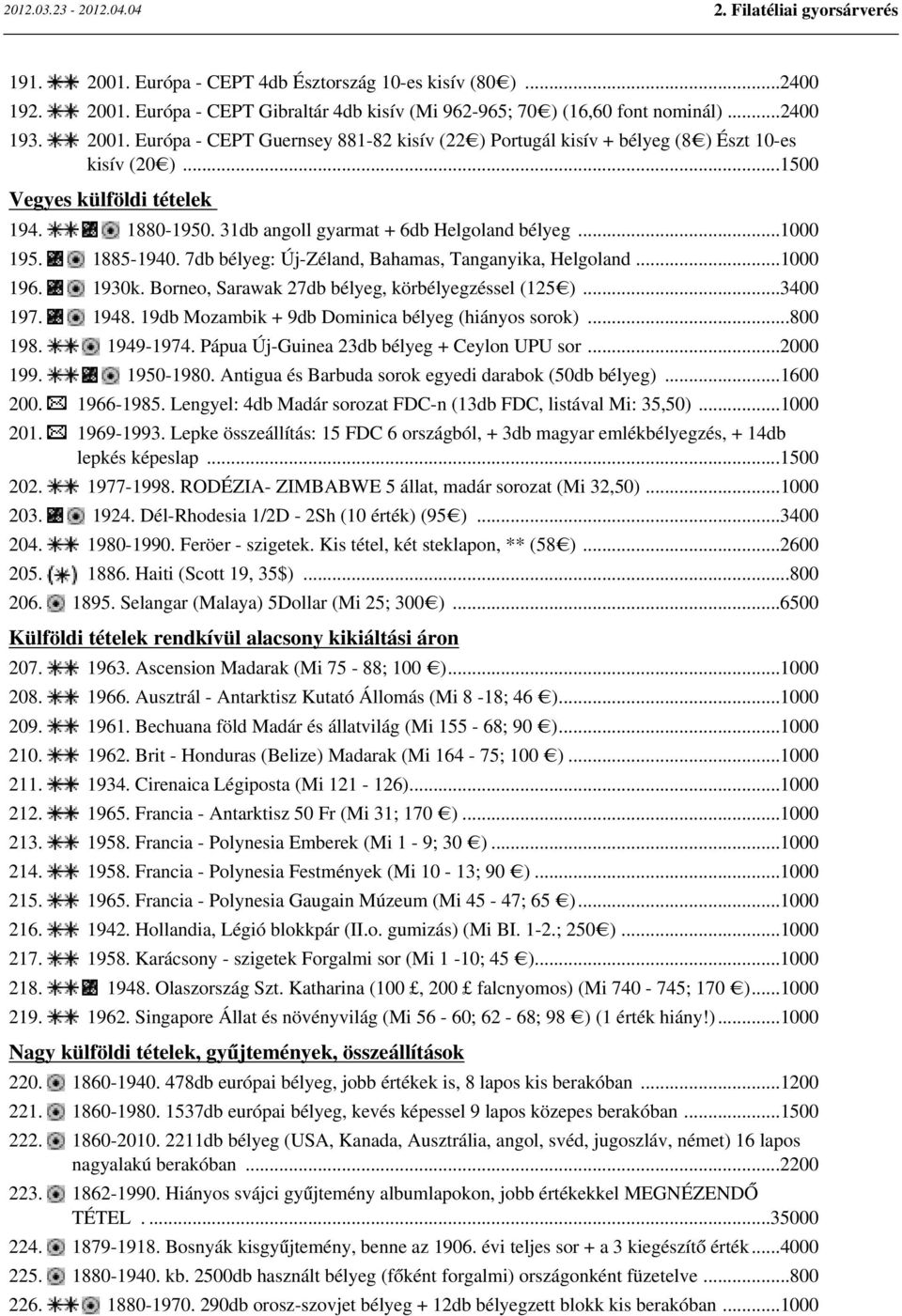 Borneo, Sarawak 27db bélyeg, körbélyegzéssel (125 )...3400 197. 1948. 19db Mozambik + 9db Dominica bélyeg (hiányos sorok)...800 198. 1949-1974. Pápua Új-Guinea 23db bélyeg + Ceylon UPU sor...2000 199.