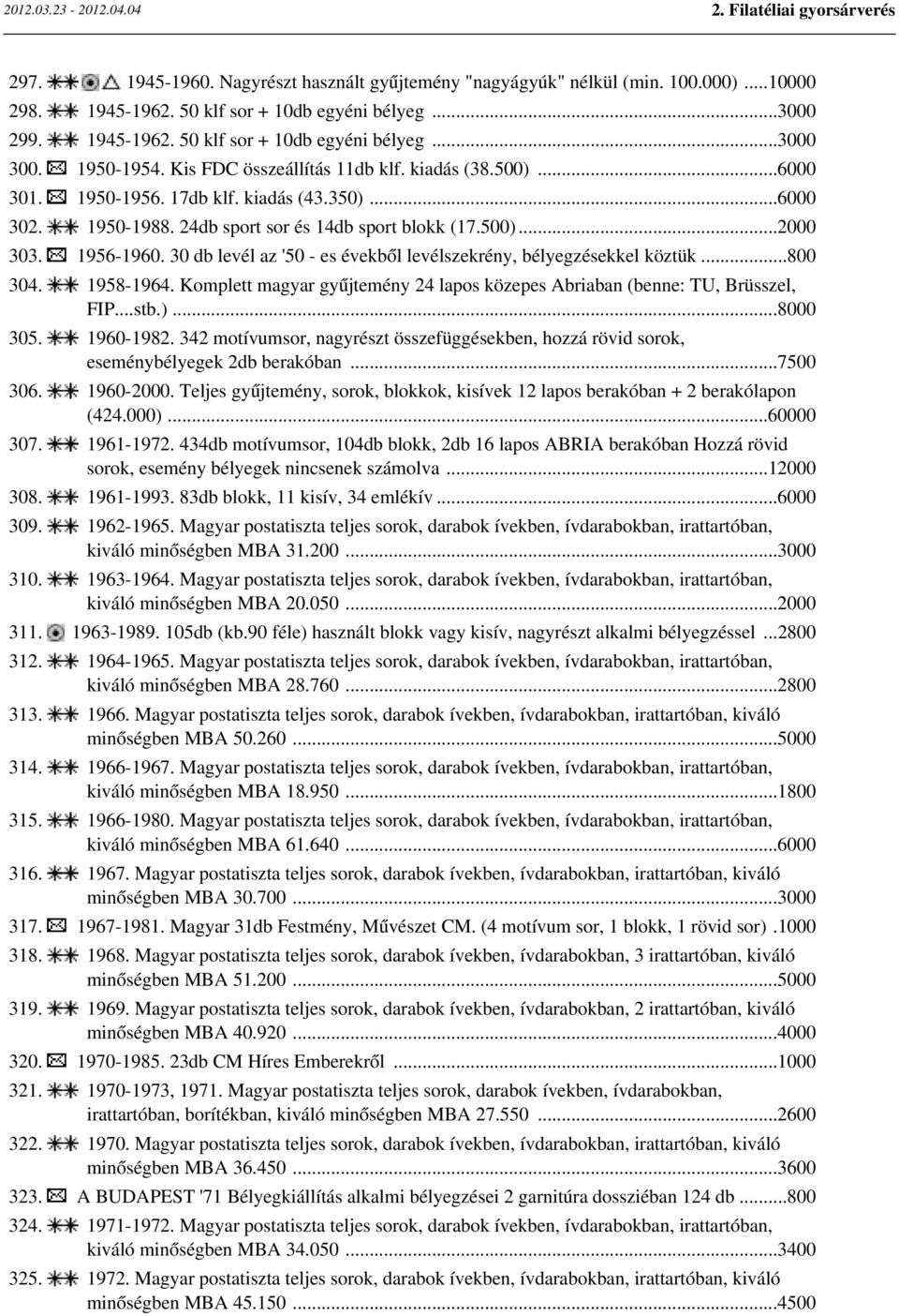 30 db levél az '50 - es évekből levélszekrény, bélyegzésekkel köztük...800 304. 1958-1964. Komplett magyar gyűjtemény 24 lapos közepes Abriaban (benne: TU, Brüsszel, FIP...stb.)...8000 305. 1960-1982.