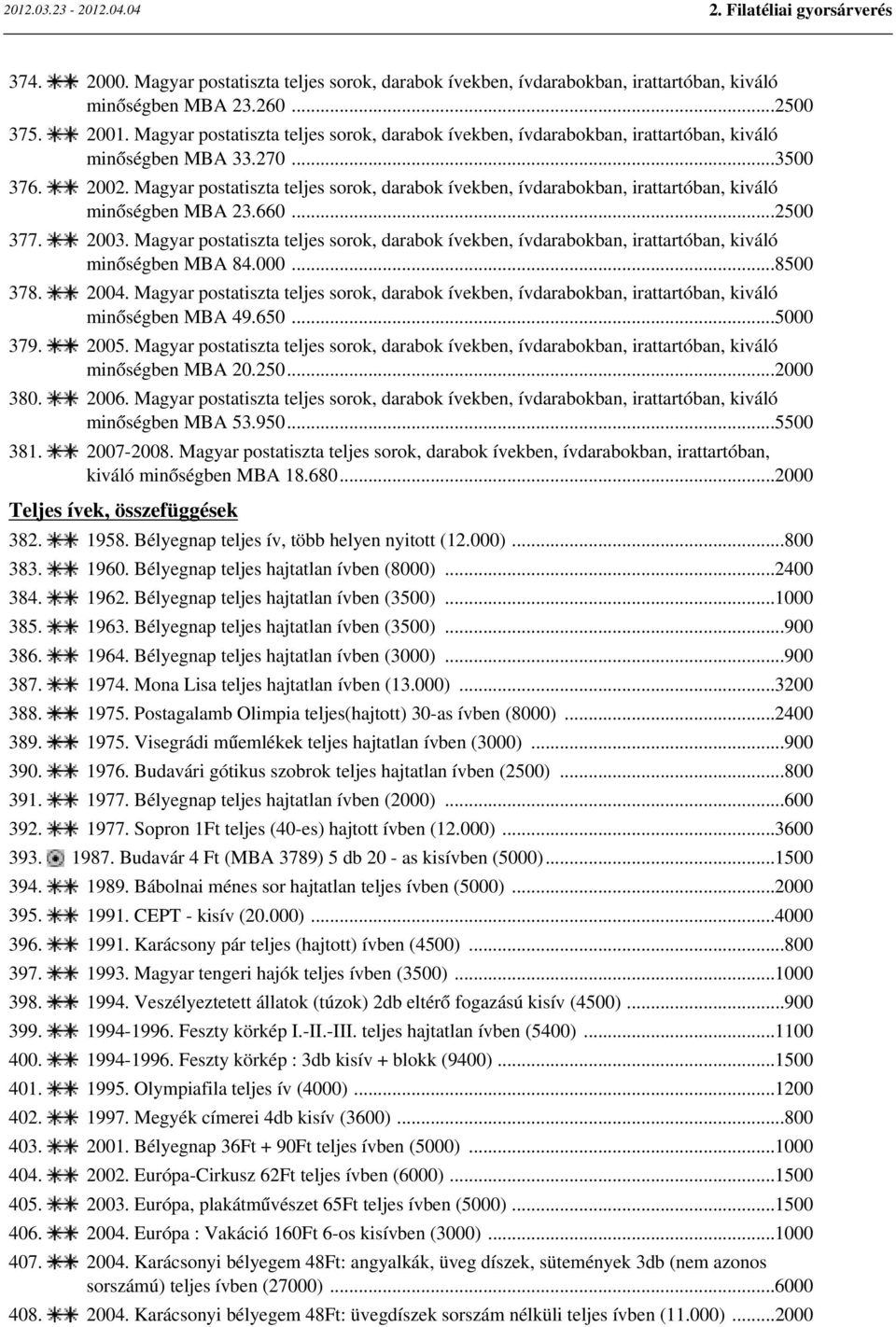 Magyar postatiszta teljes sorok, darabok ívekben, ívdarabokban, irattartóban, kiváló minőségben MBA 23.660...2500 377. 2003.