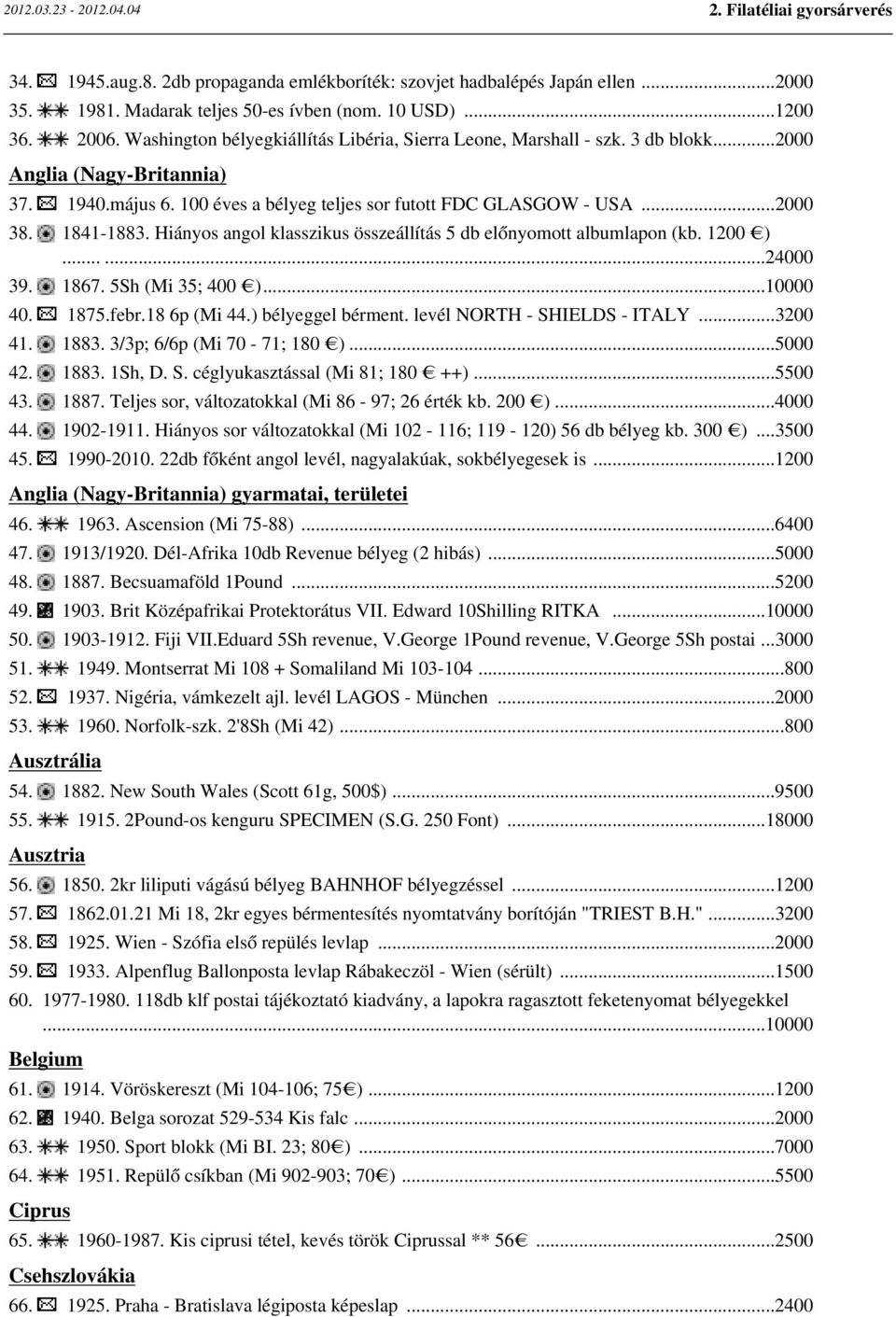 1841-1883. Hiányos angol klasszikus összeállítás 5 db előnyomott albumlapon (kb. 1200 )......24000 39. 1867. 5Sh (Mi 35; 400 )...10000 40. 1875.febr.18 6p (Mi 44.) bélyeggel bérment.